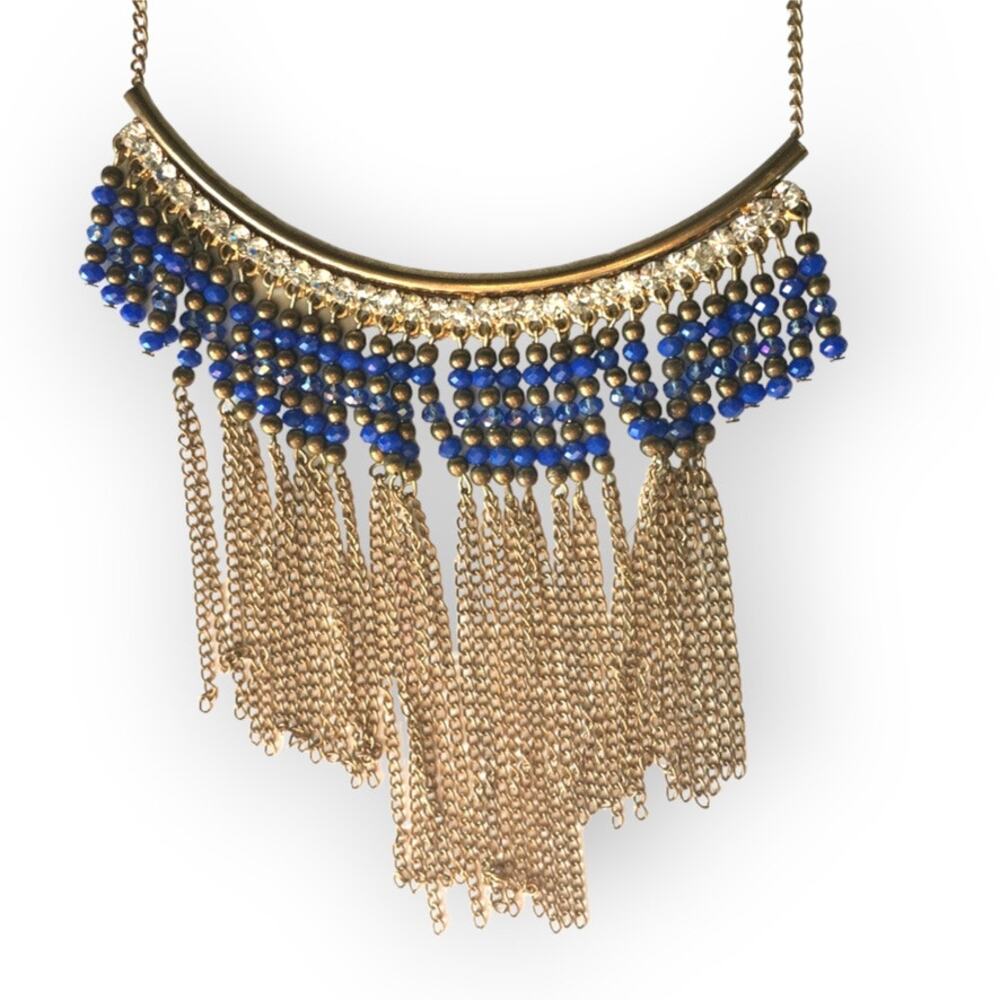 Gold tone rhinestone blue accent fringe collar necklace
